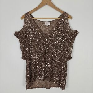 Parker Cold Shoulder Sequin Chiffon V-Neck 100% Silk Brown Top Size S Glam Party